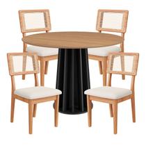 Conjunto Mesa de Jantar Redonda 4 Cadeiras Encosto Tela 100% MDF Preto Bege Dalla Costa