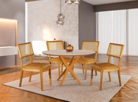 Conjunto Mesa de Jantar Redonda 4 Cadeiras Madeira Maciça Cinamomo Tampo Laqueado com Vidro material sintético Caramelo Design Moderno