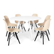 Conjunto Mesa de Jantar Redonda Amanda 120cm Branca com 6 Cadeiras Eames Eiffel Base Preta - Nude