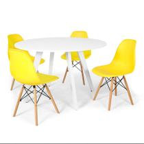 Conjunto Mesa de Jantar Redonda Amanda Branca 120cm com 4 Cadeiras Eames Eiffel - Amarelo