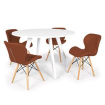 Conjunto Mesa de Jantar Redonda Amanda Branca 120cm com 4 Cadeiras Eiffel Slim - Marrom Conjunto Mesa de Jantar Redonda Amanda Branca 120cm com 4 Cadeiras Eiffel Slim - Marrom