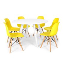 Conjunto Mesa de Jantar Redonda Amanda Branca 120cm com 6 Cadeiras Eames Eiffel - Amarelo