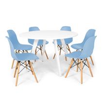 Conjunto Mesa de Jantar Redonda Amanda Branca 120cm com 6 Cadeiras Eames Eiffel - Azul Claro