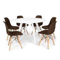 Conjunto Mesa de Jantar Redonda Amanda Branca 120cm com 6 Cadeiras Eames Eiffel - Marrom