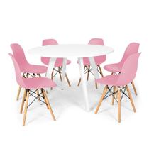 Conjunto Mesa de Jantar Redonda Amanda Branca 120cm com 6 Cadeiras Eames Eiffel - Rosa