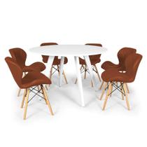 Conjunto Mesa de Jantar Redonda Amanda Branca 120cm com 6 Cadeiras Eiffel Slim - Marrom