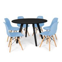 Conjunto Mesa de Jantar Redonda Amanda Preta 120cm com 6 Cadeiras Eames Eiffel - Azul Claro