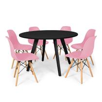 Conjunto Mesa de Jantar Redonda Amanda Preta 120cm com 6 Cadeiras Eames Eiffel - Rosa