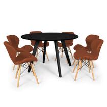 Conjunto Mesa de Jantar Redonda Amanda Preta 120cm com 6 Cadeiras Eiffel Slim - Marrom