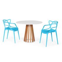 Conjunto Mesa de Jantar Redonda Branca 100cm Talia Amadeirada com 2 Cadeiras Allegra - Azul
