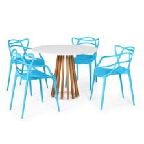 Conjunto Mesa de Jantar Redonda Branca 100cm Talia Amadeirada com 4 Cadeiras Allegra - Azul