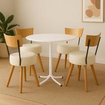 Conjunto Mesa de Jantar Redonda Branca Com 4 Cadeiras Estofada Off-White Encosto Madeira Urban