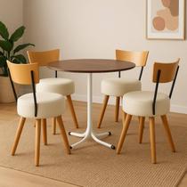 Conjunto Mesa de Jantar Redonda Branca Tampo Imbuia Com 4 Cadeiras Estofada Off-White Encosto Madeira Urban Conjunto Mesa de Jantar Redonda Branca Tampo Imbuia Com 4 Cadeiras Estofada Off-White Encosto Madeira Urban