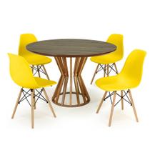 Conjunto Mesa de Jantar Redonda Cecília Amadeirada Natural 120cm com 4 Cadeiras Eames Eiffel - Amarelo