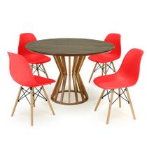 Conjunto Mesa de Jantar Redonda Cecília Amadeirada Natural 120cm com 4 Cadeiras Eames Eiffel - Vermelho
