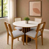 Conjunto Mesa de Jantar Redonda com 4 cadeiras Estofadas e Encosto Palinha 100% MDF Dalla Costa Conjunto Mesa de Jantar Redonda com 4 cadeiras Estofadas e Encosto Palinha 100% MDF Dalla Costa