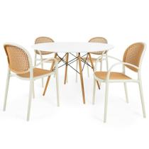 Conjunto Mesa de Jantar Redonda Eiffel Branca 120cm com 4 Cadeiras Roma com Braço - Bege