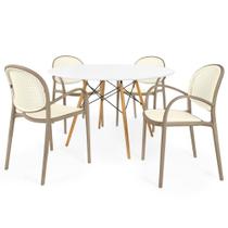 Conjunto Mesa de Jantar Redonda Eiffel Branca 120cm com 4 Cadeiras Roma com Braço - Branco/Cinza Escuro
