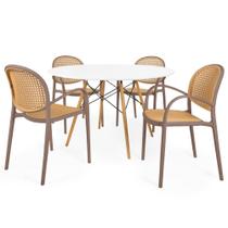 Conjunto Mesa de Jantar Redonda Eiffel Branca 120cm com 4 Cadeiras Roma com Braço - Marrom Claro