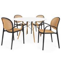 Conjunto Mesa de Jantar Redonda Eiffel Branca 120cm com 4 Cadeiras Roma com Braço - Preto