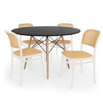 Conjunto Mesa de Jantar Redonda Eiffel Preta 120cm + 4 Cadeiras Roma - Branco
