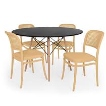 Conjunto Mesa De Jantar Redonda Eiffel Preta 120cm + 4 Cadeiras Roma - Nude