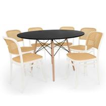 Conjunto Mesa De Jantar Redonda Eiffel Preta 120cm + 6 Cadeiras Roma - Branco Conjunto Mesa De Jantar Redonda Eiffel Preta 120cm + 6 Cadeiras Roma - Branco