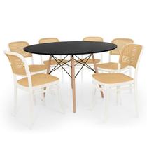 Conjunto Mesa de Jantar Redonda Eiffel Preta 120cm + 6 Cadeiras Roma - Branco Conjunto Mesa de Jantar Redonda Eiffel Preta 120cm + 6 Cadeiras Roma - Branco