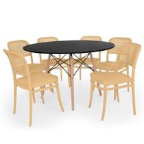 Conjunto Mesa De Jantar Redonda Eiffel Preta 120cm + 6 Cadeiras Roma - Nude Conjunto Mesa De Jantar Redonda Eiffel Preta 120cm + 6 Cadeiras Roma - Nude