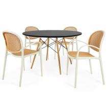 Conjunto Mesa de Jantar Redonda Eiffel Preta 120cm com 4 Cadeiras Roma com Braço - Bege Conjunto Mesa de Jantar Redonda Eiffel Preta 120cm com 4 Cadeiras Roma com Braço - Bege