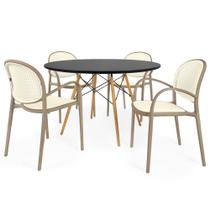 Conjunto Mesa de Jantar Redonda Eiffel Preta 120cm com 4 Cadeiras Roma com Braço - Branco/Cinza Escuro