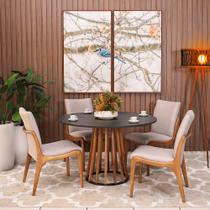 Conjunto Mesa de Jantar Redonda Gabi 120cm Preta com 4 Cadeiras Estofada em Madeira Garbo Cinza Claro