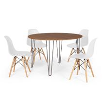 Conjunto Mesa de Jantar Redonda Hairpin 120cm Natural com 4 Cadeiras Eames Eiffel - Branco