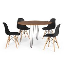 Conjunto Mesa de Jantar Redonda Hairpin 120cm Natural com 4 Cadeiras Eames Eiffel - Preto