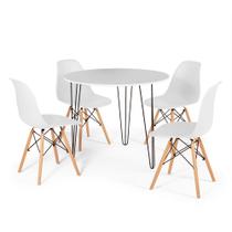 Conjunto Mesa de Jantar Redonda Hairpin 90cm Branca com 3 Pés + 4 Cadeiras Eames Eiffel - Branco