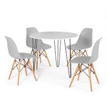 Conjunto Mesa de Jantar Redonda Hairpin 90cm Branca com 3 Pés + 4 Cadeiras Eames Eiffel - Cinza