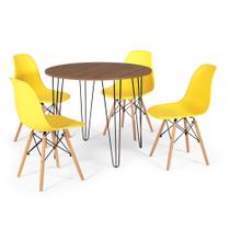 Conjunto Mesa de Jantar Redonda Hairpin 90cm Natural com 4 Cadeiras Eames Eiffel - Amarelo