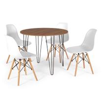 Conjunto Mesa de Jantar Redonda Hairpin 90cm Natural com 4 Cadeiras Eames Eiffel - Branco