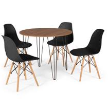 Conjunto Mesa de Jantar Redonda Hairpin 90cm Natural com 4 Cadeiras Eames Eiffel - Preto