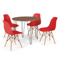 Conjunto Mesa de Jantar Redonda Hairpin 90cm Natural com 4 Cadeiras Eames Eiffel - Vermelho