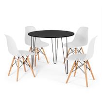 Conjunto Mesa de Jantar Redonda Hairpin 90cm Preta com 3 Pés + 4 Cadeiras Eames Eiffel - Branco
