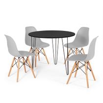 Conjunto Mesa de Jantar Redonda Hairpin 90cm Preta com 3 Pés + 4 Cadeiras Eames Eiffel - Cinza - Magazine Decor