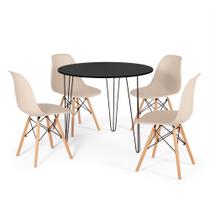 Conjunto Mesa de Jantar Redonda Hairpin 90cm Preta com 3 Pés + 4 Cadeiras Eames Eiffel - Nude