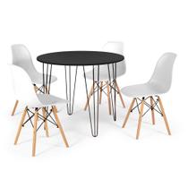 Conjunto Mesa de Jantar Redonda Hairpin 90cm Preta com 4 Cadeiras Eames Eiffel - Branco