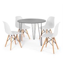 Conjunto Mesa de Jantar Redonda Hairpin 90cm Volpi com 3 Pés + 4 Cadeiras Eames Eiffel - Branco