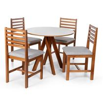 Conjunto Mesa de Jantar Redonda Lisa 90cm com Cadeiras Luna Estofadas Madeira Maciça Branco/Cinza