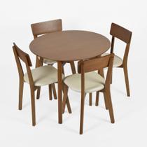 Conjunto Mesa de Jantar Redonda Livia 90 cm em Madeira Maciça com 4 Cadeiras Estofadas Madeira Maciç