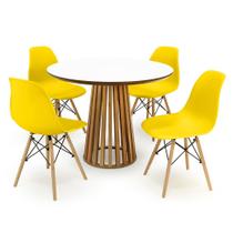 Conjunto Mesa de Jantar Redonda Luana Amadeirada Branca 100cm com 4 Cadeiras Eames Eiffel - Amarelo