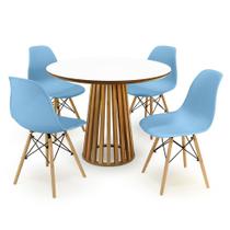 Conjunto Mesa de Jantar Redonda Luana Amadeirada Branca 100cm com 4 Cadeiras Eames Eiffel - Azul Claro