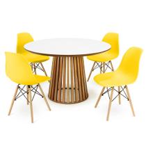 Conjunto Mesa de Jantar Redonda Luana Amadeirada Branca 120cm com 4 Cadeiras Eames Eiffel - Amarelo